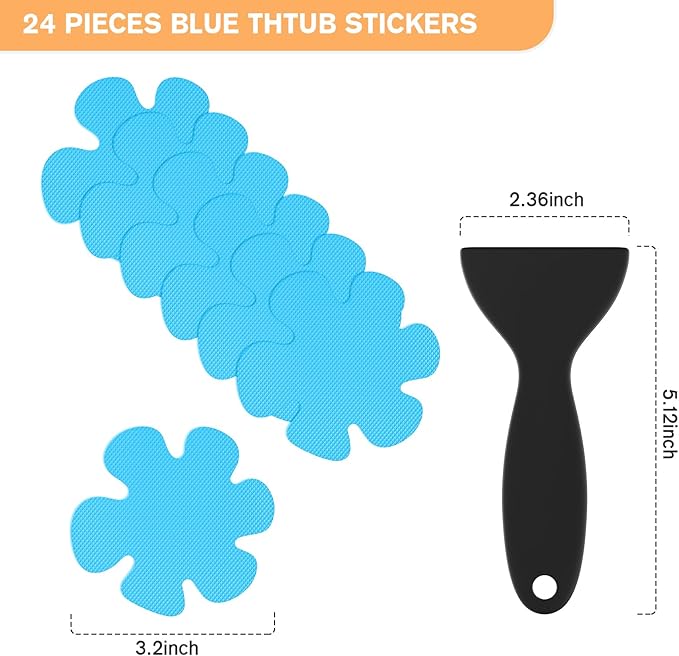 24 PCS Non Slip Bathtub and Shower Safety Stickers, Anti-Slip Stickers and Adhesive Decals Scraper for Bath Tib, Shower Floor, Stairs, Ladders - Flower Shape, Blue