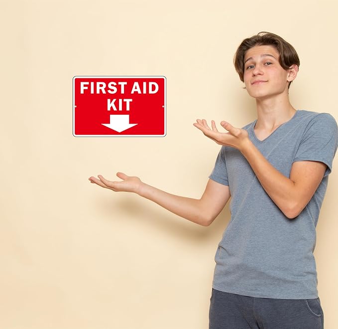 First Aid Sign, (2 Pack) Self Adhesive First Aid Kit Sign for Wall, Aluminum Metal Signs With 2 Pre-drilled Holes (9 x 6 inches, Red/White)