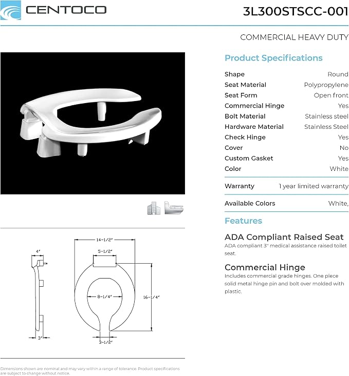 Centoco 3 inch Raised Toilet Seat for Seniors, Round, Open Front, White | Plastic, No Cover, 3L300STSCC-001, Made in the USA