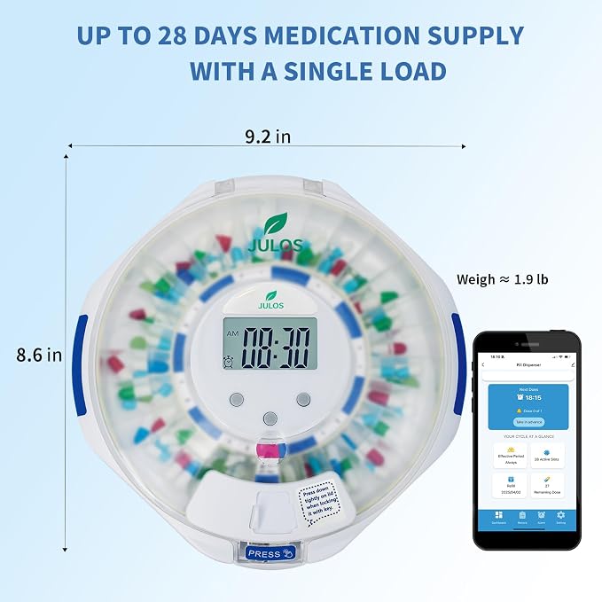 JULOS Automatic Pill Dispenser with App for Elderly & Dementia Care | Sound/Light Reminder, Up to 9 Daily Doses,LCD Display,Key Lock Security