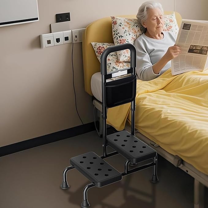 Step Stool with Handle for Adults- Step Stools for Seniors with Adjustable Handrail, Non-Skid Platform, Elderly, Foot Stool, Bed Steps for High Beds for Adults (2 Step Stool)