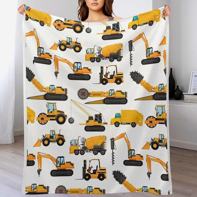 Excavators Construction Blanket Gifts for Yellow Trucks Lover 60 x 50 Inch for Teen,Excavators Trucks Fannel Fleece Throw Blanket Super Soft Throws Blanket for Bed Couch Sofa
