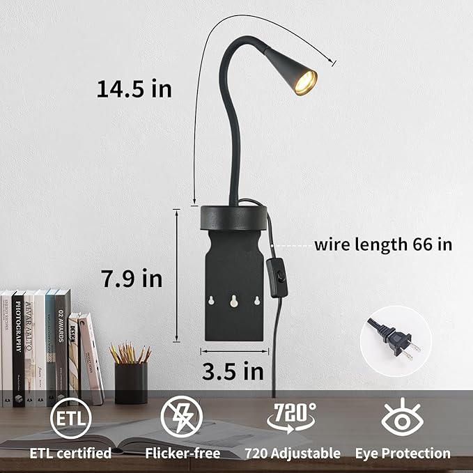 Black Headboard Reading Light, No Drilling Wall Mounted Reading Lights for Bedside, Book Light for Bedtime Reading, Buttonless Dimmable Reading Lamp, Movable Gooseneck Reading Sconces for Bedroom