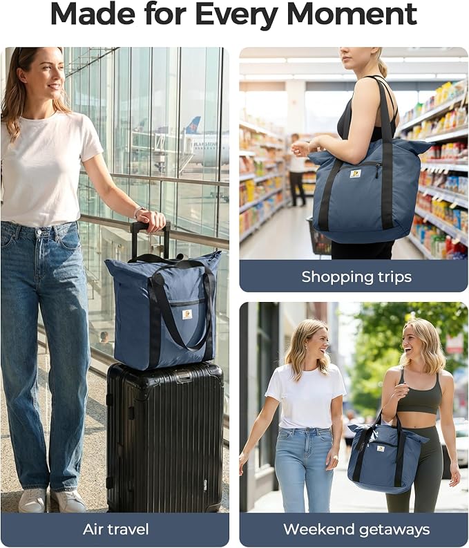 Foldable Travel Bag, 26L Lightweight Weekender Duffel, Expandable Second Carry-On Bag for Travel & Shopping, Water-Resistant Personal Item Bag, Mist Blue
