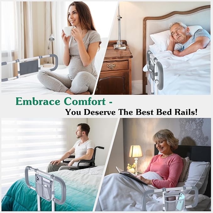 Bed Rails for Elderly Adults Safety - Extended Bed Assist Rail for Seniors - Adjustable Beds Side Rails Handle Support Bar Bed Guard with Storage Bag & Fixing Strap, Fit King Queen Full Twin Beds