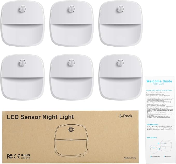 AMIR Upgraded Motion Sensor Stair Light Indoor (Warm White - Pack of 6) | Battery Operated, Cordless Stick-On LED Night Light for Closet, Hallway, Bathroom, Kitchen, Cabinet, Energy Efficient