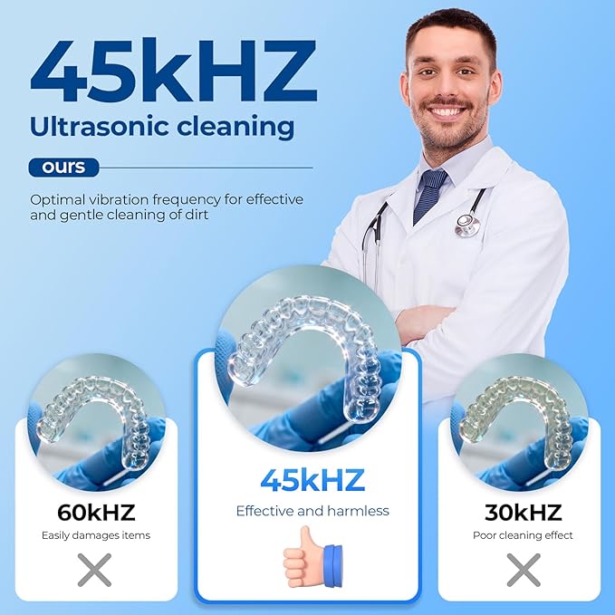 Ultrasonic Retainer Cleaner Machine - 45kHz Ultrasonic Cleaner - 200ML Mouth Guard & Denture Cleaner Pod & Jewelry - 5 Modes with Digital Timer - Upgrade Water Bottle Design, Porcelain White