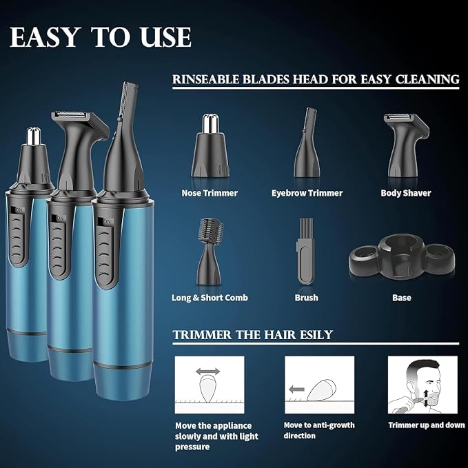 AREYZIN Nose Hair Trimmer for Men,Rechargeable 3-in-1 Professional Painless Eyebrow & Facial Hair Trimmer for Men Women, IPX7 Waterproof,Powerful Motor and Dual-Edge Blades,Blue