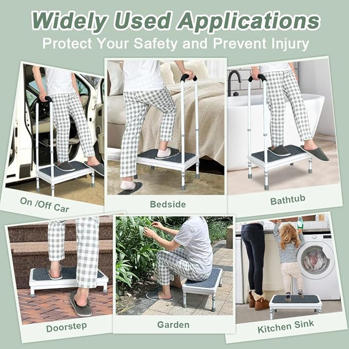 Medical Step Stool with Handle Elderly Adults Bed Steps for High Beds Rails Adjustable Assist Bar Heavy Duty Stepping Stool Metal Wide Step Platform Seniors Handicap Bed Side Foot Stool with Handrail