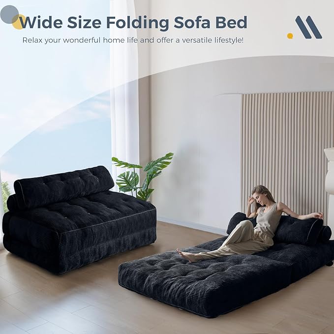 MAXYOYO Folding Sofa Bed, Convertible Sleeper Chair with Pillow Foldable Matress with Back Support, Portable Fold Out Chair Bed Comfy Floor Sofa Lounge for Living Room Bedroom, Black Double