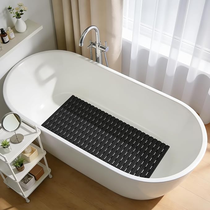 OTHWAY Non Slip Bathtub Mat, Soft TPE Black Shower Mat with Suction Cups | 36.6" x 16.9" Bath Mat for Tub Non Slip, Machine Washable Shower Floor Mat with Drain Holes
