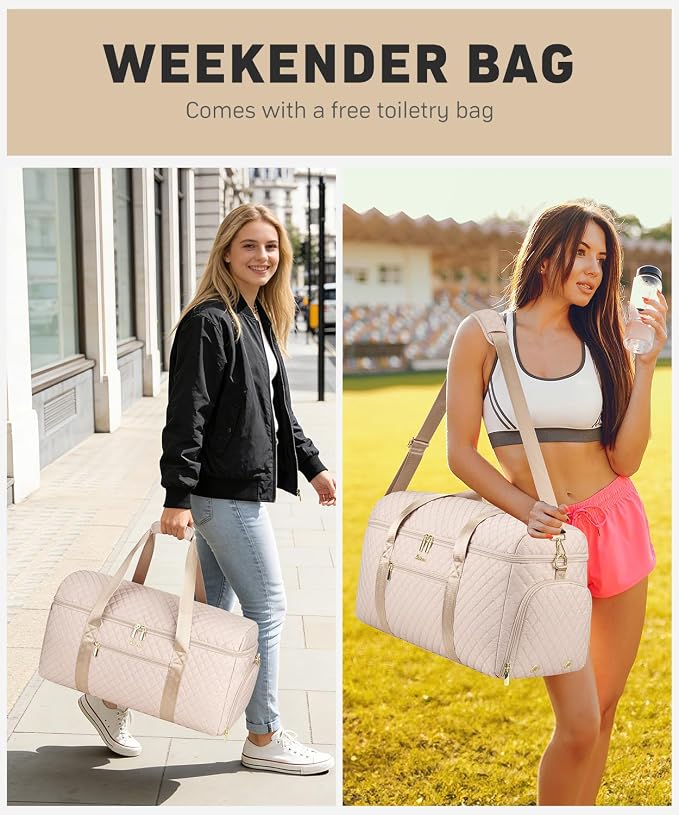 Weekender Bags for Women, Wide Open Large Travel Duffle Bag with Shoe Compartment, Overnight Carry on Bag Personal Item Travel Bag with Wet Pocket (Nude)