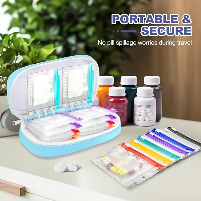 Weekly Pill Organizer 2 Times a Day – Timueetech A6 Waterproof 14 Pouch Bags for Travel, BPA-Free Medication Storage with Labels & Self-Sealing for Vitamins & Supplements, Blue
