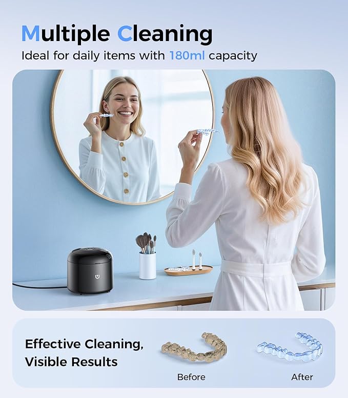 Retainer Cleaner 48kHz, Ultrasonic Retainer Cleaner Machine with 4 Modes for Dentures, Aligners, Mouthguards, Retainers, Jewelry Cleaner and Dental Cleaning Pod (Black)