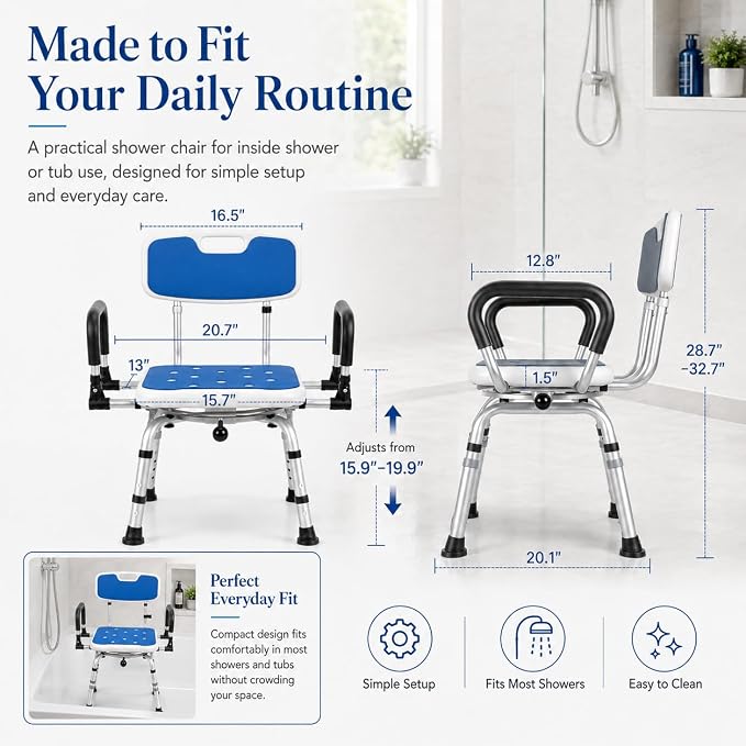 Deluxe Swivel Shower Chair with Arms & Back by CZMY, 360° Locking Seat, 5-Level Height Adjustable, Padded Heavy-Duty Bath Chair, 300 lbs, for Seniors, Elderly, & Disabled (Blue with Flip-Up Arms)