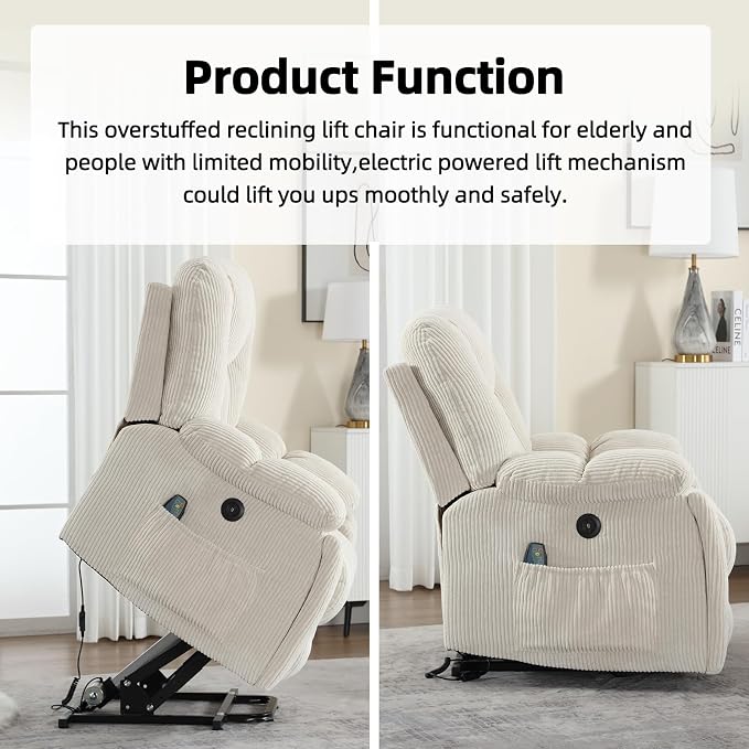 Power Lift Recliner Chair with Massage and Heat for Elderly, Overstuffed Wide Recliners, Heavy Duty and Safety Motion Reclining Mechanism with USB Ports, 2 Concealed Cup Holders, Beige