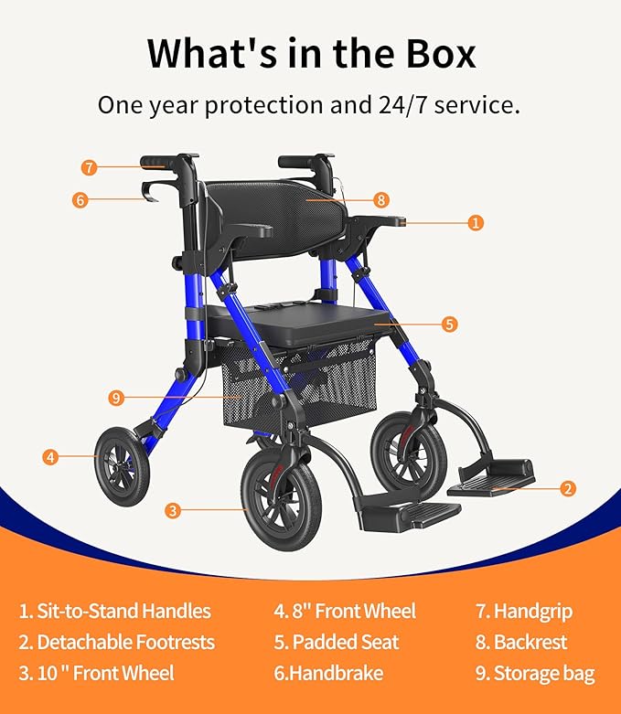 VOCIC Transport-Wheelchair-Lightweight-Foldable, Walker Wheelchair Combo, Rollator-Walkers-for-Seniors-with-Seat, 2 in 1 Rolling Walker, 300lb Adults 4 Wheel Transport Chair w/Brakes & Pouch