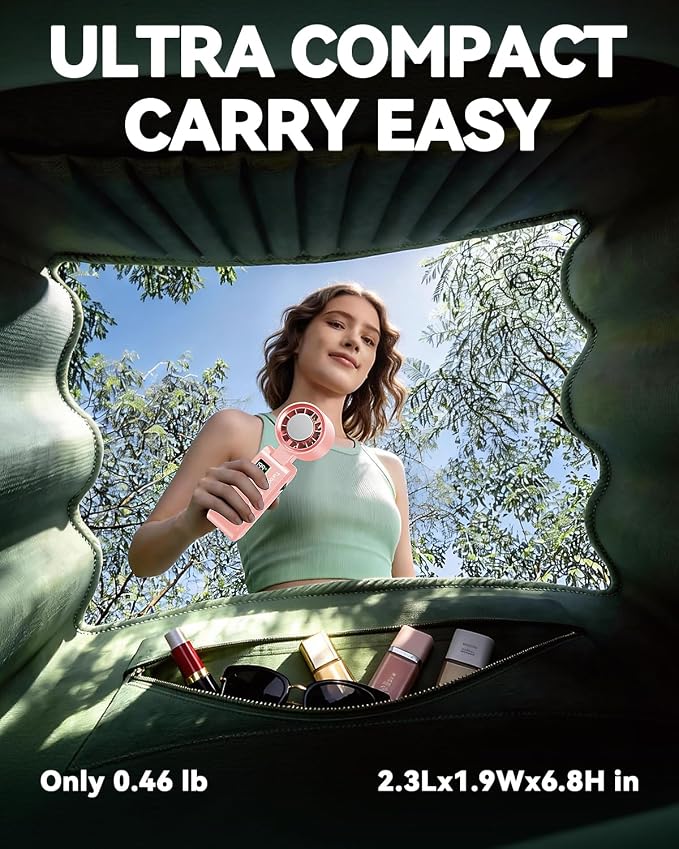 Portable Handheld Fan with Ice Cooling, 7.5m/s High Speed Turbo Fan, 150° Foldable 4-in-1 Personal Neck Fan, 199 Speed Stepless Control, USB-C Rechargeable for Travel, Makeup, Hiking,Pink