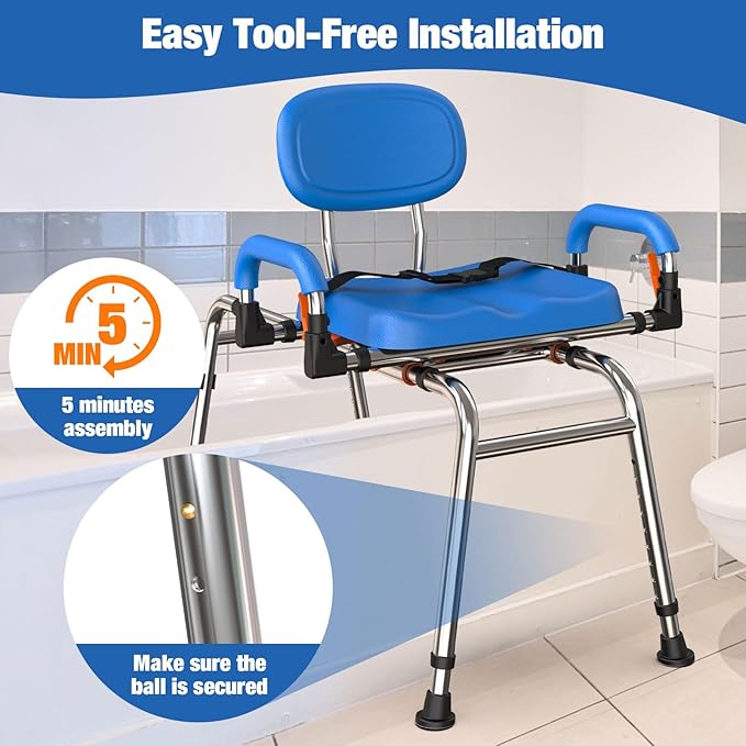 Sliding Shower Chair with Wide 360Β° Swivel Seat, 450lbs Tub Transfer Bench for Bathtub, Adjustable Height and Arms Width Shower Seat for Inside Shower, Shower Chair for Elderly and Disabled
