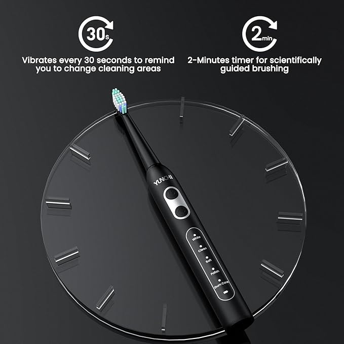 YUNCHI Sonic Electric Toothbrush for Adults and Kids, Black Electric Toothbrush,55 Days Last USB Rechargeable Toothbrush, 5 Modes, 4 Brush Heads, 2-Min Smart Timer, IPX7 Waterproof