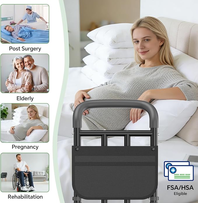 Bed Rails for Elderly Adults Safety with Ergonomic Padded Handle, ASTM Approved Adjustable Bed Assist Rail for Seniors, 400lb Weight Capacity, Fixing Strap&Storage Pocket, Fits Twin/Full/Queen/King