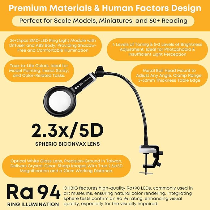 HWATANG OHBIG x MADWORKS 2.3x/5D/100mm Dimming Toning LED Magnifying Glass - K9 White Glass, Model Assembly, Soldering, Ra 94 Ring Light, 60+ Seniors Reading Magnifier (w/Desk Clamp Kit)