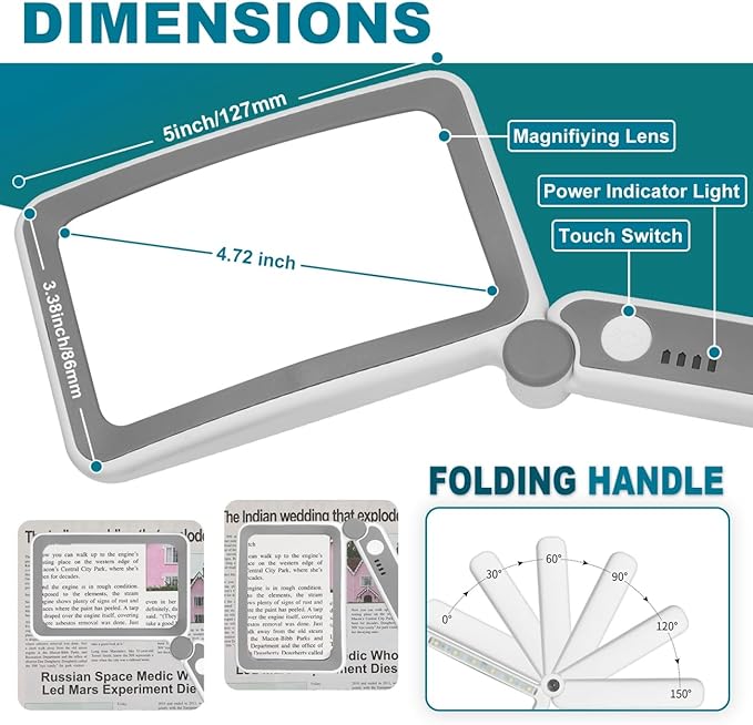 Rechargeable Magnifying Glass with Light for Reading, 5X Large Page Magnifier with LED Lighted for Seniors Low Vision, Folding Handheld Lightweight Rectangle Magnifier for Reading Book Small Print
