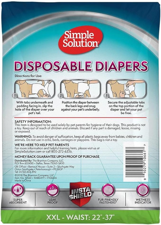 Simple Solution Female Dog Diapers, Disposable Dog Diapers, XXL, 12 Count | Dog in Heat, Potty Training, Incontinence Support, Leak Proof, Puppy Training, Disposable Protection, Secure Fit, 22-37 Inch