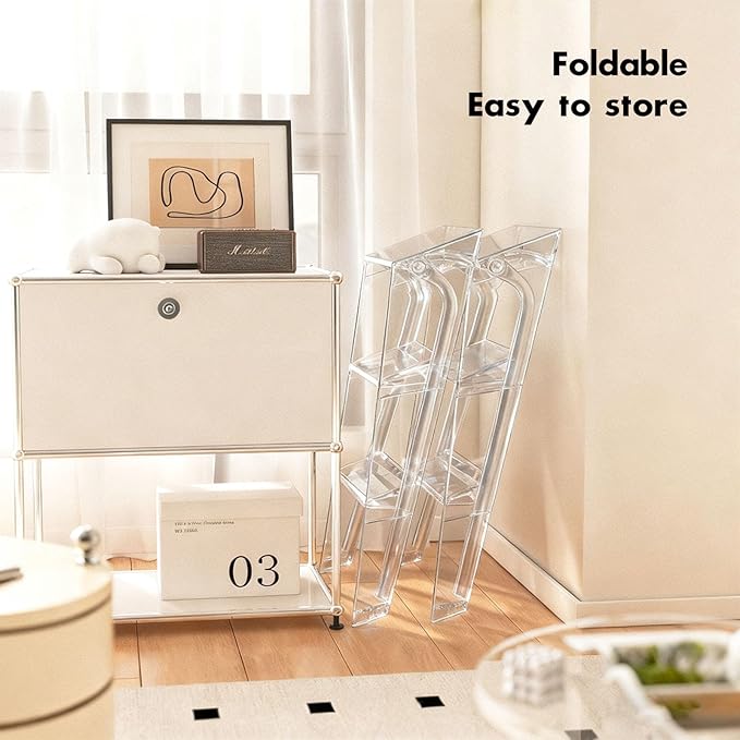 Acrylic 3 Step Ladder Folding Step Stool for Adults Foldable Small Step Stool Ladder for Kitchen Plastic Stepladder Modern Collapsible Ladder for Closet Home Bathroom Indoor (Transparent)