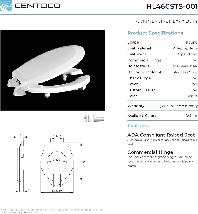 Centoco 2 inch Raised Toilet Seat for Seniors, Round, Open Front, White | Open Front with Cover, Plastic, Made in the USA, HL460STS-001