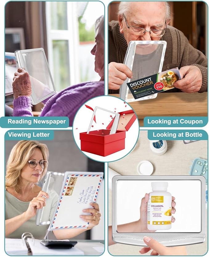 5X Rechargeable Magnifying Glass with Light, Large Bright LED Lighted Full Page Magnifier, Lightweight Rectangular Handheld Magnifier with Light for Reading Small Prints for Seniors, Silver