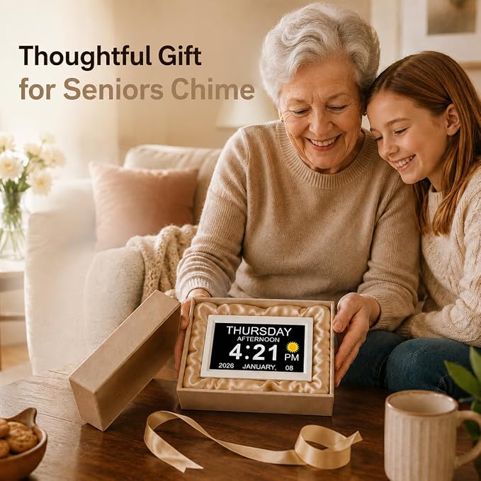 JALL 7" Digital Calendar Day Clock for Seniors 2026, Non-Abbreviated with Day & Date, Easy-to-Read Alzheimer's Dementia Clock for Elderly, Auto-Dimming, 8 Custom Alarms, Auto DST, White