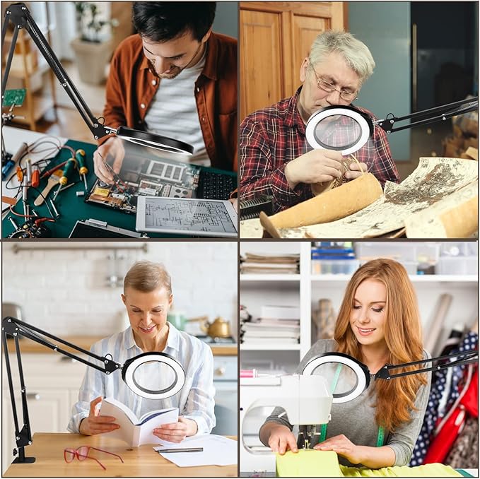 VEEMAGNI 10X 5 Inch Large Real Glass Magnifying Glass with Light and Stand, 5 Color Modes Stepless Dimmable, Long Swivel Arm LED Clamp Desk Lamp, Hands Free Lighted Magnifier for Reading Crafts Hobby