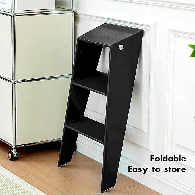 Acrylic 3 Step Ladder Folding Step Stool for Adults Foldable Small Step Stool Ladder for Kitchen Plastic Stepladder Modern Collapsible Ladder for Closet Home Bathroom Indoor(Black)