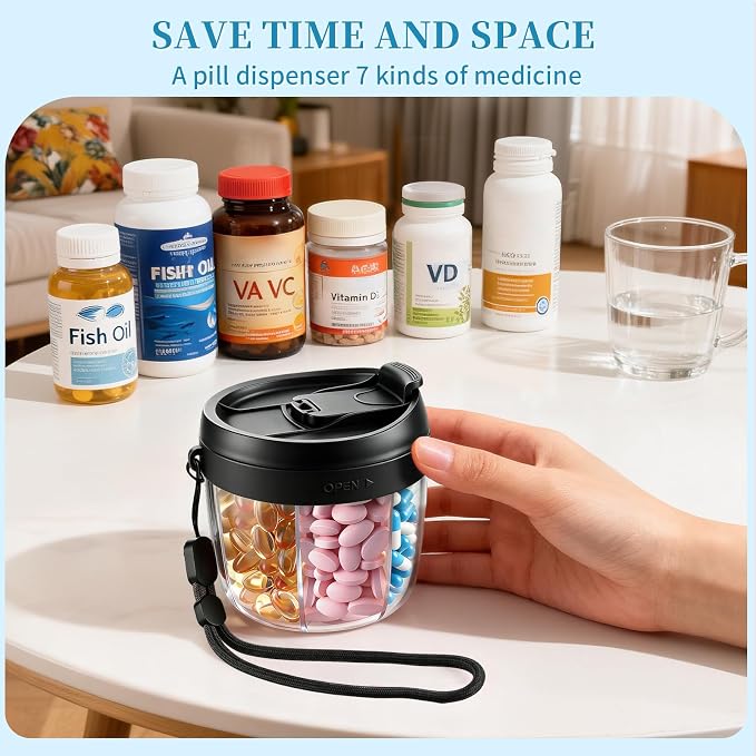 Pill Organizer,Travel Essentials Pill Container, Travel Pill Dispenser with Black Lid,Pill Case Having 7 Large Compartments,Vitamin Organizer for Home Organization,Travel Containers