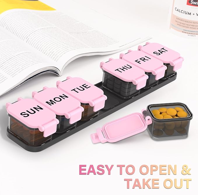 Extra Large Weekly Pill Organizer - XL Vitamin Holder with 7 Detachable Compartments, Portable Medicine Pill Organizer for Supplements, Daily Pill Case for Home and Travel,Pink