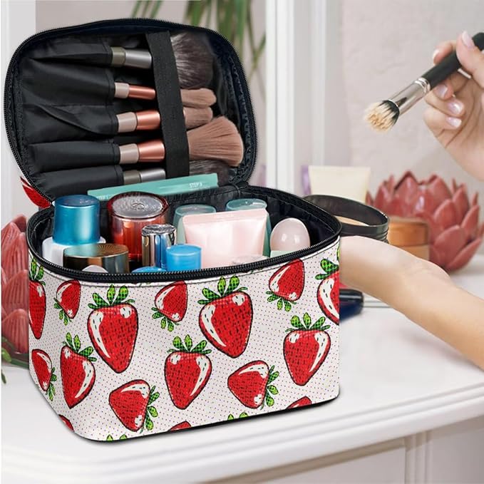 Red Strawberry Travel Toiletry Bag Kit Makeup Case for Women, Polka Dot Fruit Strawberries Dopp Kit Zipper Cosmetic Organizer Brush Holder Makeup Bag
