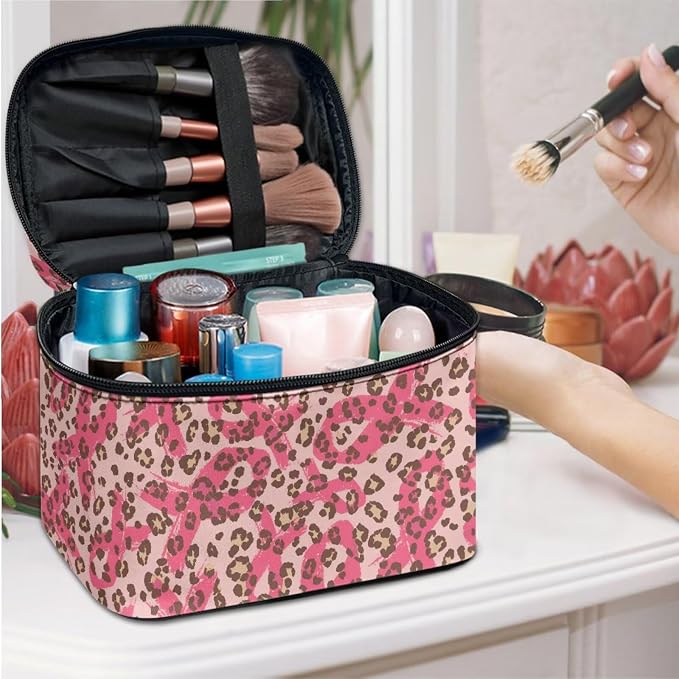 Breast Cancer Support Makeup Organizer Case, Pink Ribbon Toiletry Bag for Women, Leopard Print Travel Cosmetic Bag for Toiletries Essential