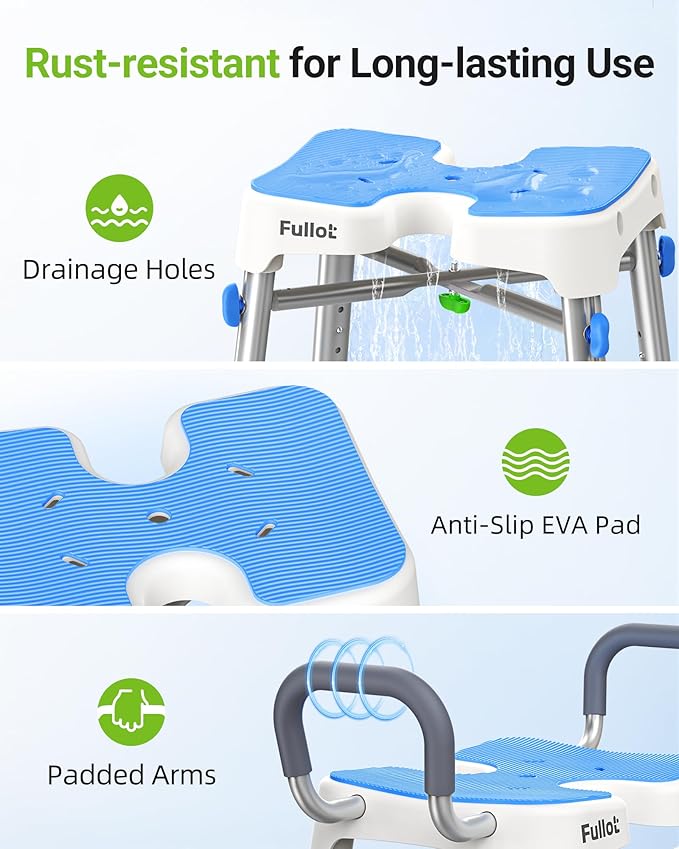 Ergonomic H-Shaped Shower Chair for Elderly and Disabled with Padded Back & Arms,500 lbs Heavy Duty Adjustable Shower Stool Seat for Easy Cleaning, Anti-Slip Bath Chairs for Bathtub
