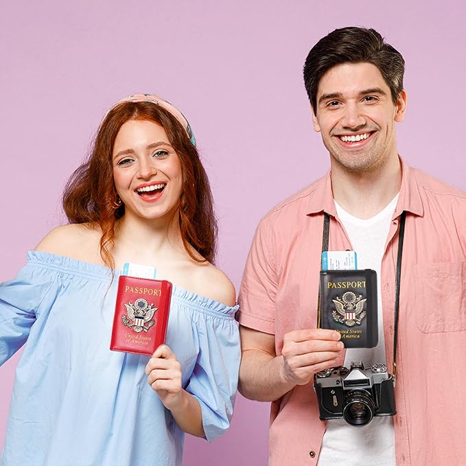 Passport Holder Cover and Card Case Slot Combo RFID Blocking Leather Travel Passport Wallet for Men and Women US Passport Protector Document Organizer,Bright Red