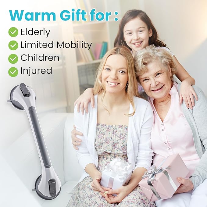 TAILI Shower Grab Bar Glow in The Dark, 2 Pack 16.8 in Grab Bars for Bathtubs and Showers,Shower Handles Shower Rails for Seniors and Elderly,Bathroom Safety Grip Removable No Drilling Waterproof Grey