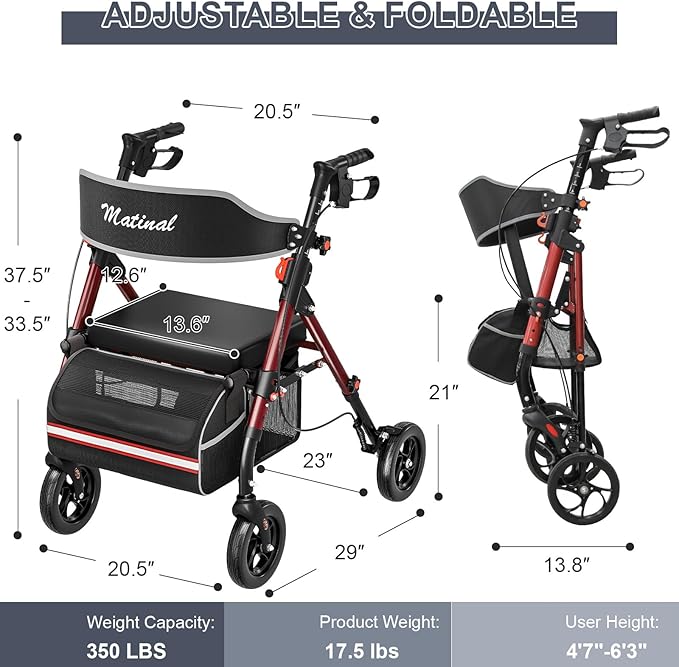 Walkers for Seniors, Rollator Walker with Seat, Walkers for Seniors with seat, 350 lb Capacity,with 8'' Big Wheels, Rolling Walker (Burgundy)