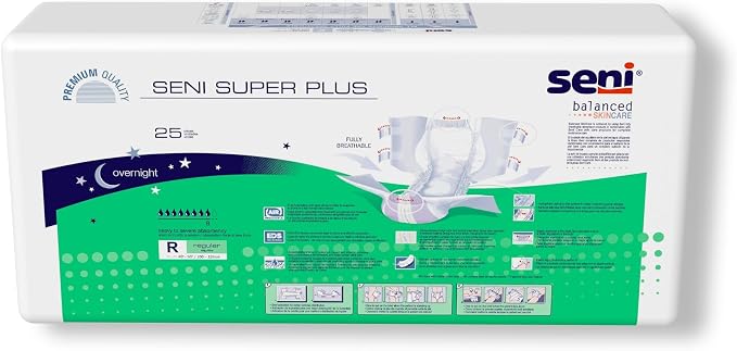 Seni Super Plus Unisex Adult Incontinence Briefs with tabs, Regular Size (40"-50"), 75 Count (3 Packs of 25), Heavy to Severe Absorbency, Disposable Overnight Brief for Men & Women