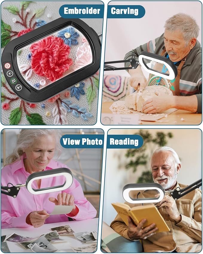 12X Magnifying Glass with Light and stand, Rectangle Real Glass Lens, Large 2*16 Inch Swivel Arm LED Lighted Clamp Desk Lamp, 5 Color Modes Dimmable, Magnifier for Reading Painting Craft Close Work