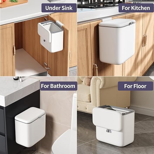 Compost Bin Kitchen for Countertop or Under Sink, 2.6 Gallon Hanging Small Trash Can with Lid, Garbage Can for Cabinet Door, Indoor/outdoor Food Waste Bin for Kitchen, Bathroom, RV, Office, White