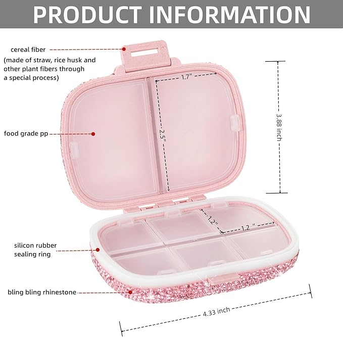 Cute Pill Organizer Small Bling Pill Case for Purse Medicine Vitamin Container Holder Daily Pill Box Container for Women Travel Medicine Kit(Letter T Pink)