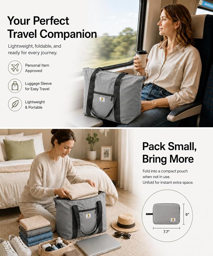 Foldable Travel Bag, 26L Lightweight Weekender Duffel, Expandable Second Carry-On Bag for Travel & Shopping, Water-Resistant Personal Item Bag, Gray