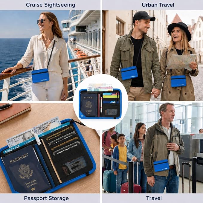P.travel Passport Holder for Travel, RFID Blocking Passport Wallet with Adjustable Shoulder Strap, Holds 3 Passports, 4 Card Slots & AirTag Slot, Lightweight Travel Essentials for Men & Women