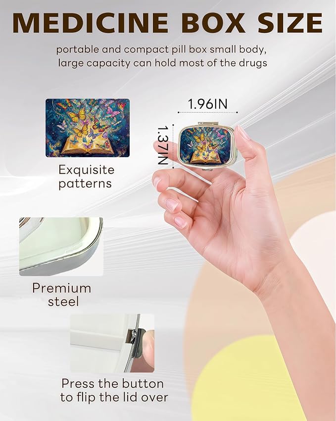 LRITER Pill Case, 2 Compartment Portable Small Travel Pill Organizer for Purse and Pocket, Stylish Medicine Case with Multiple Patterns, Daily Pillbox for Home & Travel (Butterfly Book)