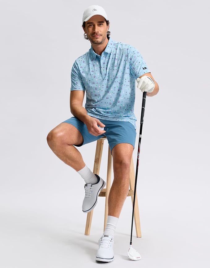 Obla Mens Golf Polo Shirts Short Sleeve Dry Fit Performance Moisture Wicking Casual Print Collared Golf Shirts for Men